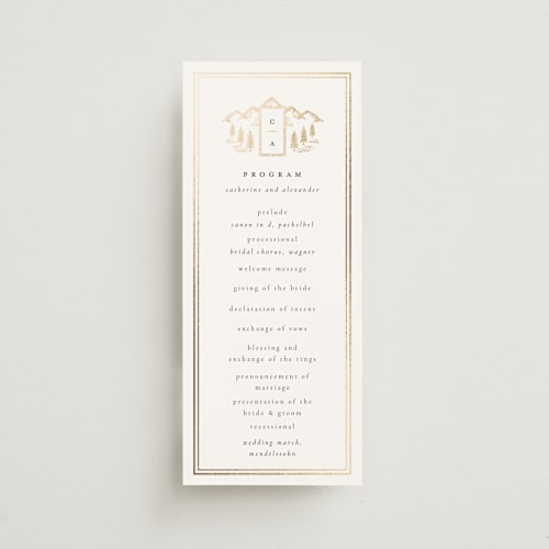 This is a quartz unique wedding programs with foil pressed by Ana de Sousa called summit serenity printing on signature in 4x9