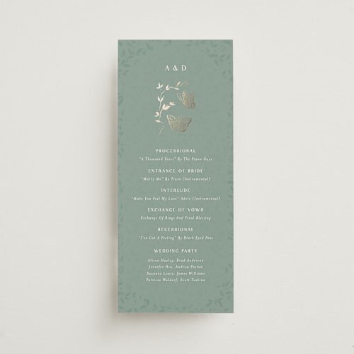 This is a eucalyptus unique wedding programs with foil pressed by Simona Camp called southern romance printing on signature in standard