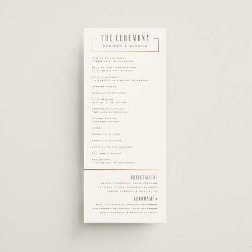 This is a lily unique wedding programs with foil pressed by Heather Schertzer called documentary printing on signature in 4x9