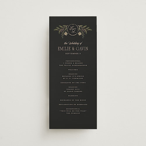 This is a noir unique wedding programs with foil pressed by Randi Cirelli called emilie printing on signature in standard