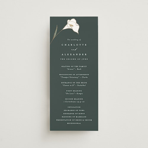 This is a forest unique wedding programs with foil pressed by Stacey Meacham called elegant lillies printing on signature in standard