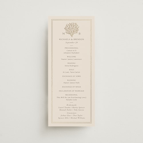 This is a champagne unique wedding programs with foil pressed by Griffinbell Paper Co. called seaside printing on signature in standard