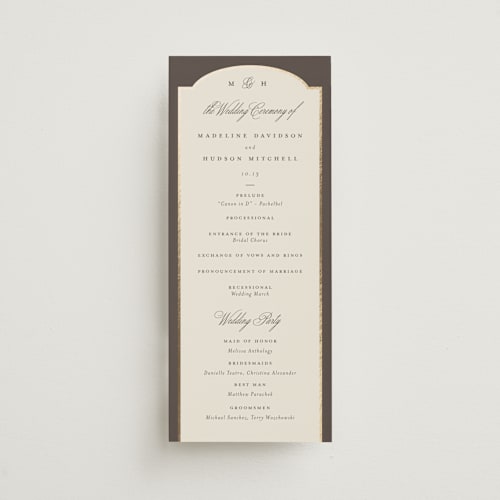 This is a cognac unique wedding programs with foil pressed by Emily Betts called arch frame printing on signature in standard