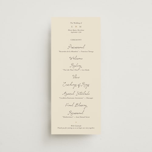 This is a noir unique wedding programs with foil pressed by Ani Somi called written in the stars printing on signature in standard