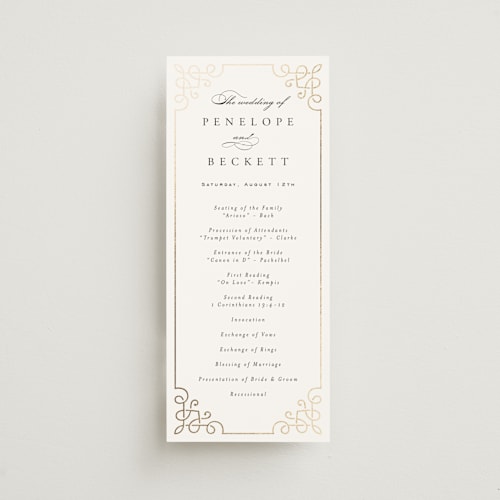 This is a pearl unique wedding programs with foil pressed by Janean Hinger called intertwined printing on signature in standard
