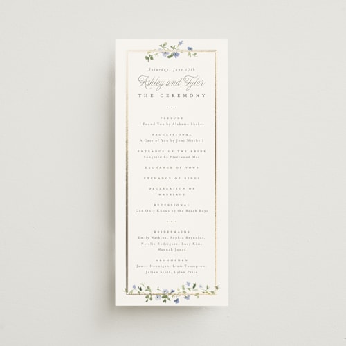 This is a bluebell unique wedding programs with foil pressed by Everett Paper Goods called flowering vine printing on signature in 4x9
