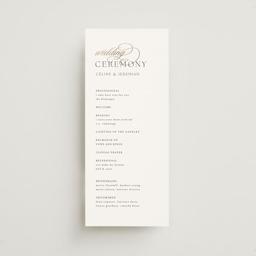 This is a silk unique wedding programs with foil pressed by Kelly Schmidt called left align printing on signature in 4x9