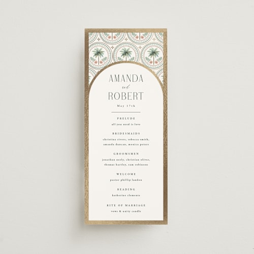 This is a sand unique wedding programs with foil pressed by Maria Alou called vintage palms printing on signature in 4x9