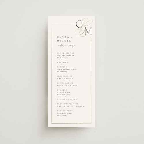 This is a silk unique wedding programs with foil pressed by Kelly Schmidt called golden ampersand printing on signature in 4x9