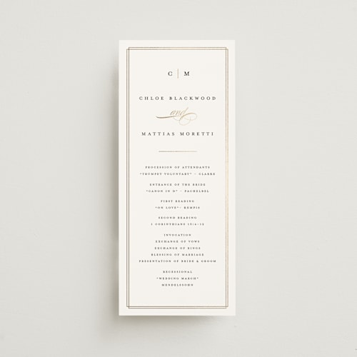 This is a linen unique wedding programs with foil pressed by Erica Krystek called timeless printing on signature in 4x9