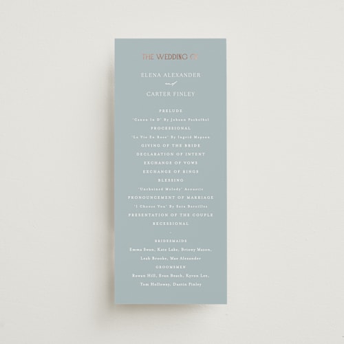 This is a provincial unique wedding programs with foil pressed by Angela Thompson called gilded edge printing on signature in standard