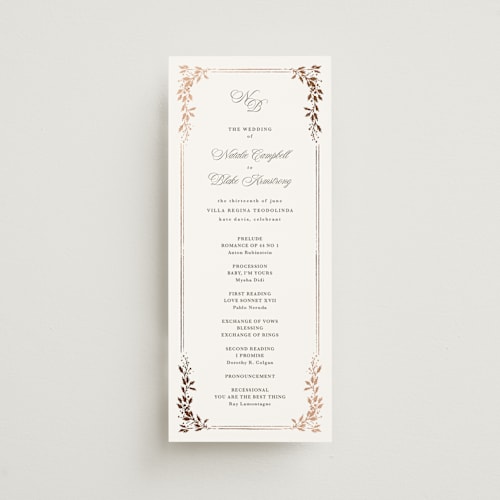 This is a truffle unique wedding programs with foil pressed by Kate Ahn called lake como printing on signature in 4x9