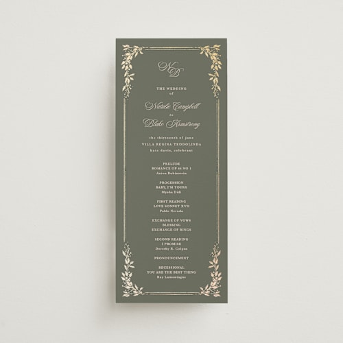 This is a sage unique wedding programs with foil pressed by Kate Ahn called lake como printing on signature in 4x9