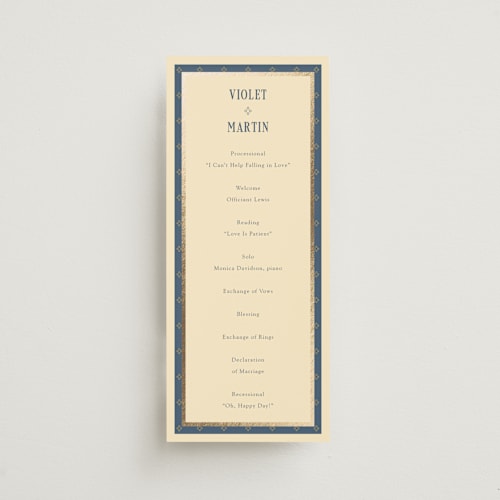 This is a navy unique wedding programs with foil pressed by Baumbirdy called woven printing on signature in 4x9