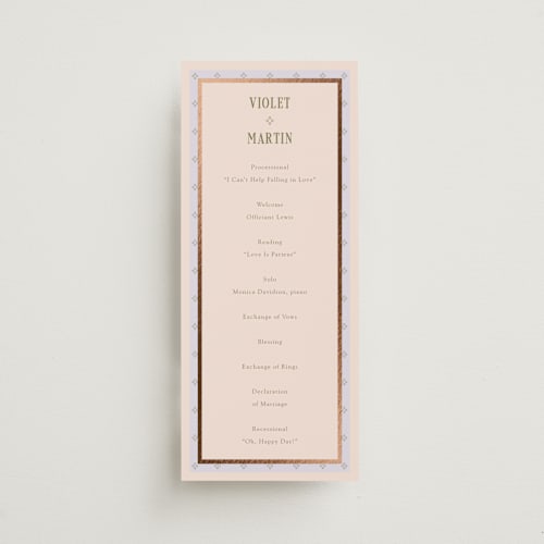 This is a jade unique wedding programs with foil pressed by Baumbirdy called woven printing on signature in 4x9