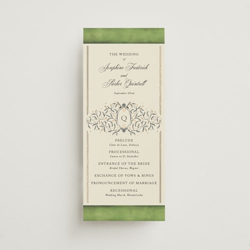This is a moss unique wedding programs with foil pressed by Jackie Crawford called josephine printing on signature in 4x9