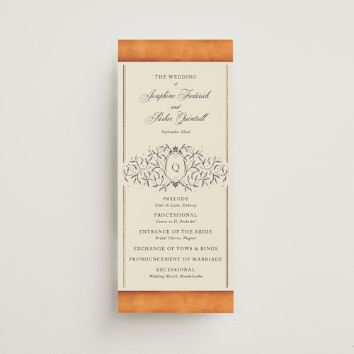 This is a tangerine unique wedding programs with foil pressed by Jackie Crawford called josephine printing on signature in standard