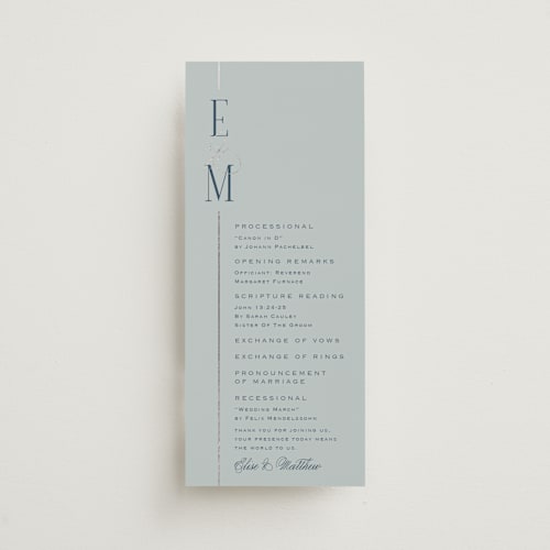 This is a fog unique wedding programs with foil pressed by Laura Hankins called linear printing on signature in 4x9
