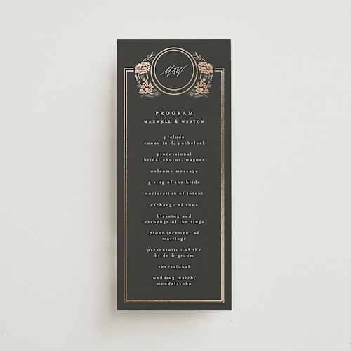 This is a ebony unique wedding programs with foil pressed by Ana de Sousa called timeless nature printing on signature in standard