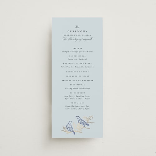 This is a cornflower unique wedding programs with foil pressed by Grae called meet me in the garden printing on signature in standard
