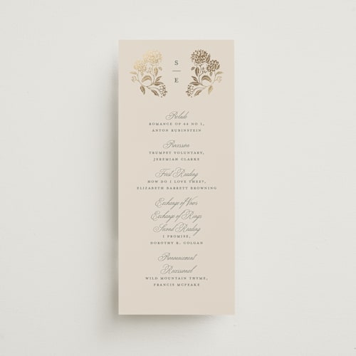This is a tea time unique wedding programs with foil pressed by Susan Zinader called shimmering hydrangeas printing on signature in standard