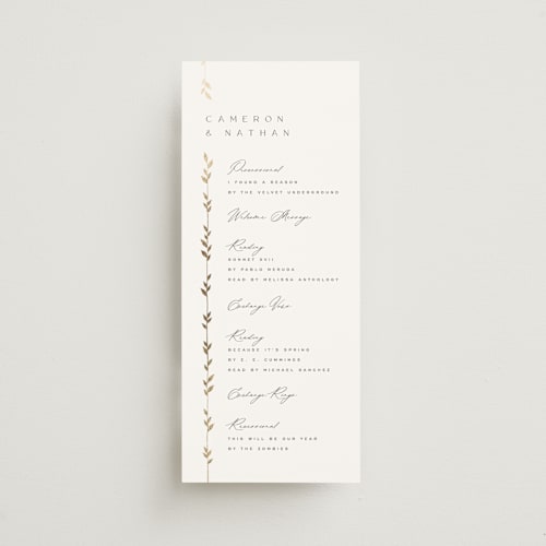 This is a lily unique wedding programs with foil pressed by Owl and Toad called courtyard printing on signature in 4x9