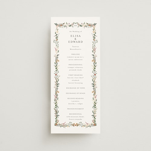 This is a blush unique wedding programs with foil pressed by Susan Moyal called blooming vine printing on signature in 4x9