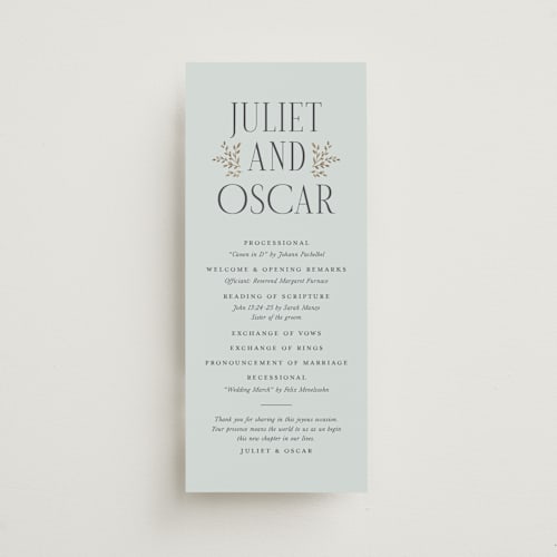 This is a mist unique wedding programs with foil pressed by Laura Hankins called enchanted printing on signature in standard