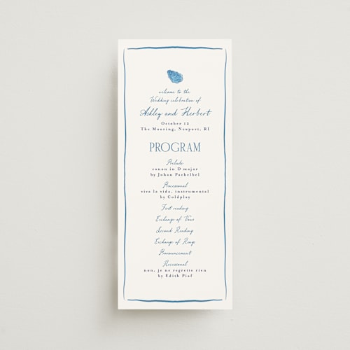 This is a cerulean unique wedding programs with standard by Tamara Hilje called positano printing on signature in standard