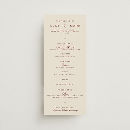 This is a rust unique wedding programs with standard by Ani Somi called rose ink printing on signature in standard