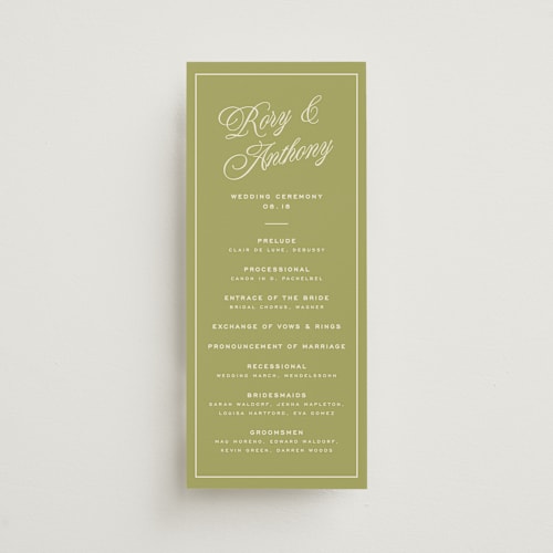 This is a olive unique wedding programs with standard by Ellen Schlegelmilch called rory printing on signature in standard
