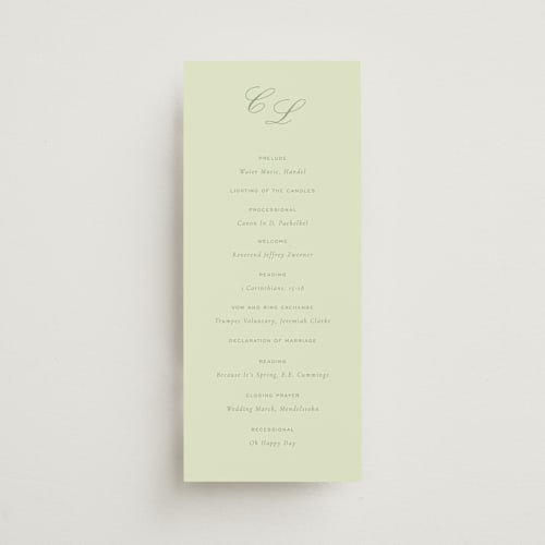 This is a mint unique wedding programs with standard by Sara Hicks Malone called montgomery printing on signature in standard