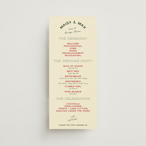 This is a pizzeria unique wedding programs with standard by Ani Somi called trattoria printing on signature in standard