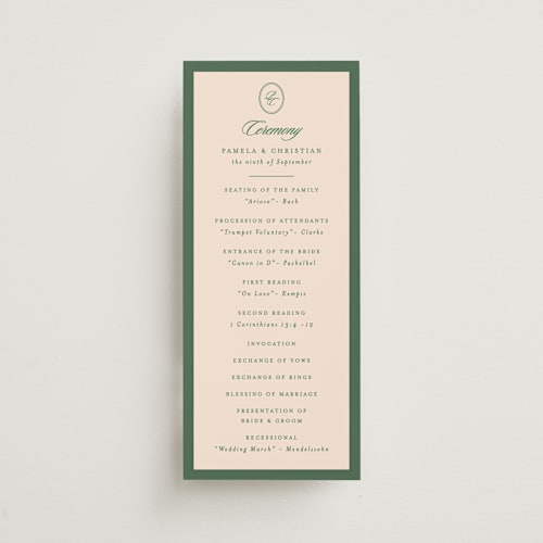 This is a emerald unique wedding programs with standard by Creo Study called scripted printing on signature in 4x9