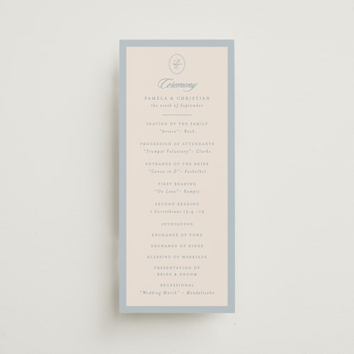 This is a powder blue unique wedding programs with standard by Creo Study called scripted printing on signature in 4x9
