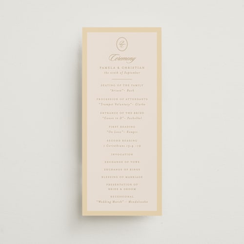 This is a almond unique wedding programs with standard by Creo Study called scripted printing on signature in 4x9