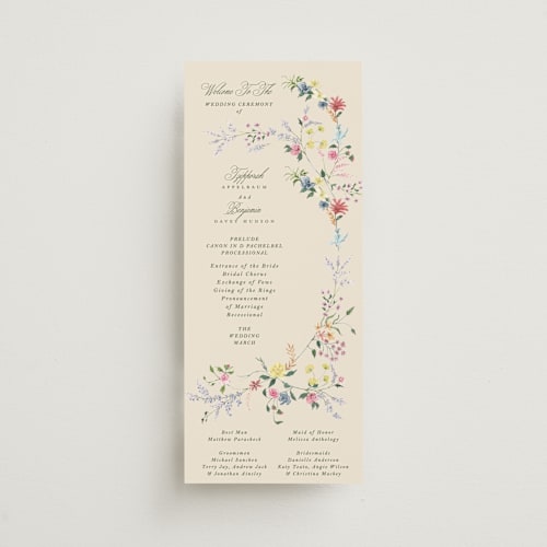 This is a english garden unique wedding programs with standard by Phrosné Barwood called whimsey floral printing on signature in 4x9