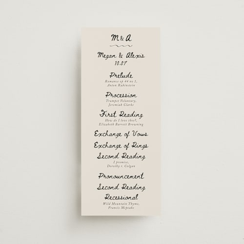 This is a lace unique wedding programs with standard by Cass Loh called simple monogram printing on signature in 4x9