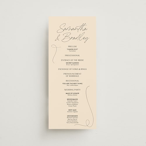 This is a champagne unique wedding programs with standard by Wallace Design Co. called french whimsy script printing on signature in 4x9