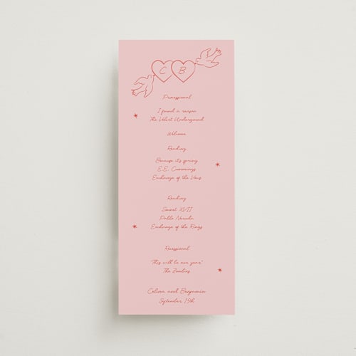 This is a peach unique wedding programs with standard by Helena Vitto called the bird song printing on signature in standard