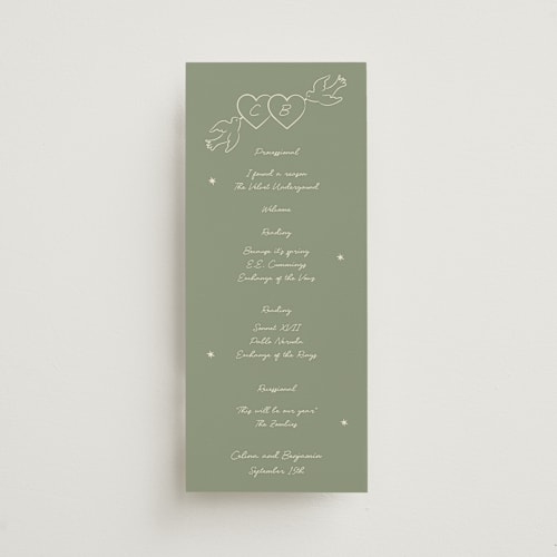 This is a sage unique wedding programs with standard by Helena Vitto called the bird song printing on signature in 4x9