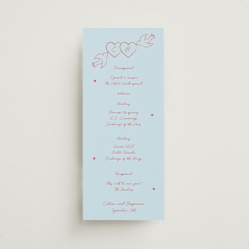 This is a tomato unique wedding programs with standard by Helena Vitto called the bird song printing on signature in 4x9