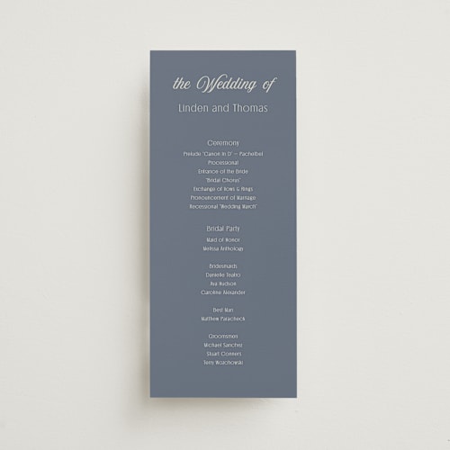 This is a french blue unique wedding programs with standard by Nicoletta Savod called ritzy printing on signature in 4x9