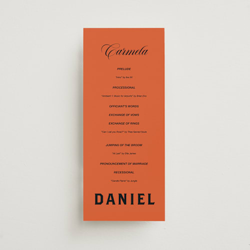 This is a amaro unique wedding programs with standard by Studio Suku called bold and demure printing on signature in 4x9