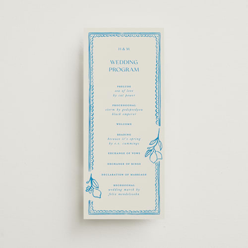 This is a ocean unique wedding programs with standard by Pati Cascino called mediterraneo printing on signature in 4x9