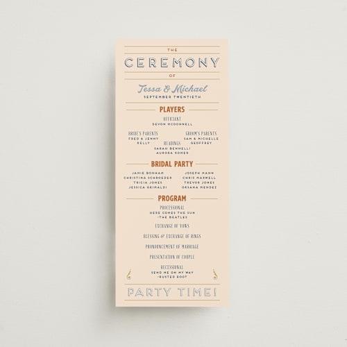 This is a latte unique wedding programs with standard by Wonderland called street bistro printing on signature in 4x9