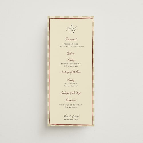This is a pomegranate unique wedding programs with standard by Helena Vitto called love rests in a garden printing on signature in 4x9