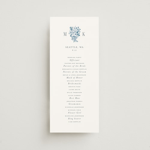 This is a pacific blue unique wedding programs with standard by Itsy Belle Studio called ruban en fleur printing on signature in 4x9