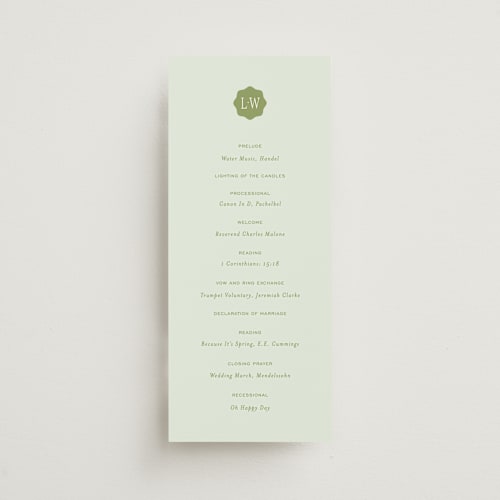 This is a forest unique wedding programs with standard by Sara Hicks Malone called dewberry printing on signature in standard