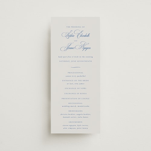 This is a blue mist unique wedding programs with standard by Design Lotus called amalfi blue printing on signature in standard